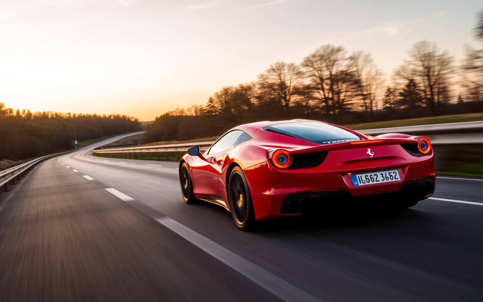 Roter Sportwagen bei Sonnenuntergang auf einer deutschen Autobahn